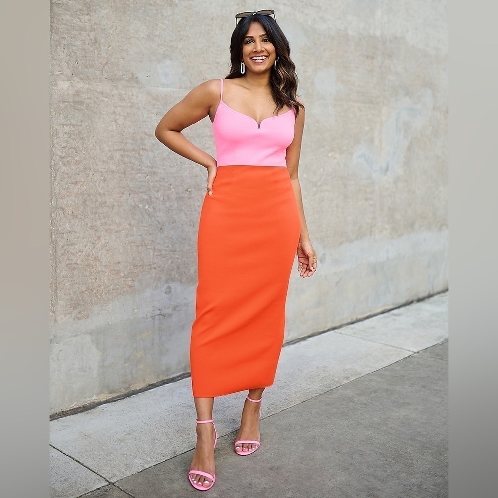 Express Body Contour V-Wire Color Block Midi Sweater Dress Large - Picture 3 of 16